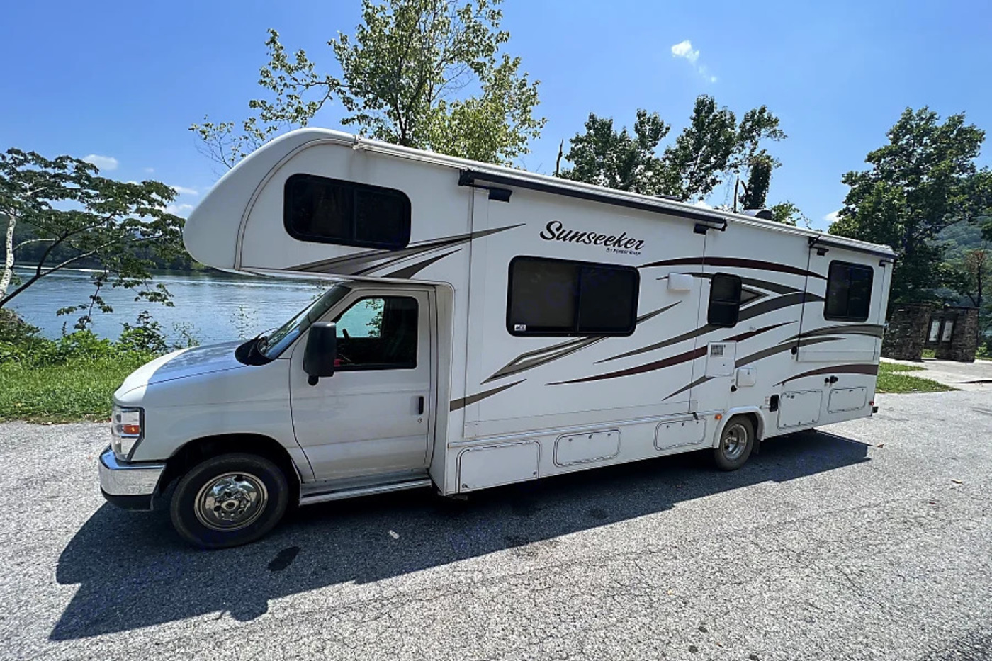 2016 Forest River Sunseeker Class C motorhome parked by a lake in San Diego